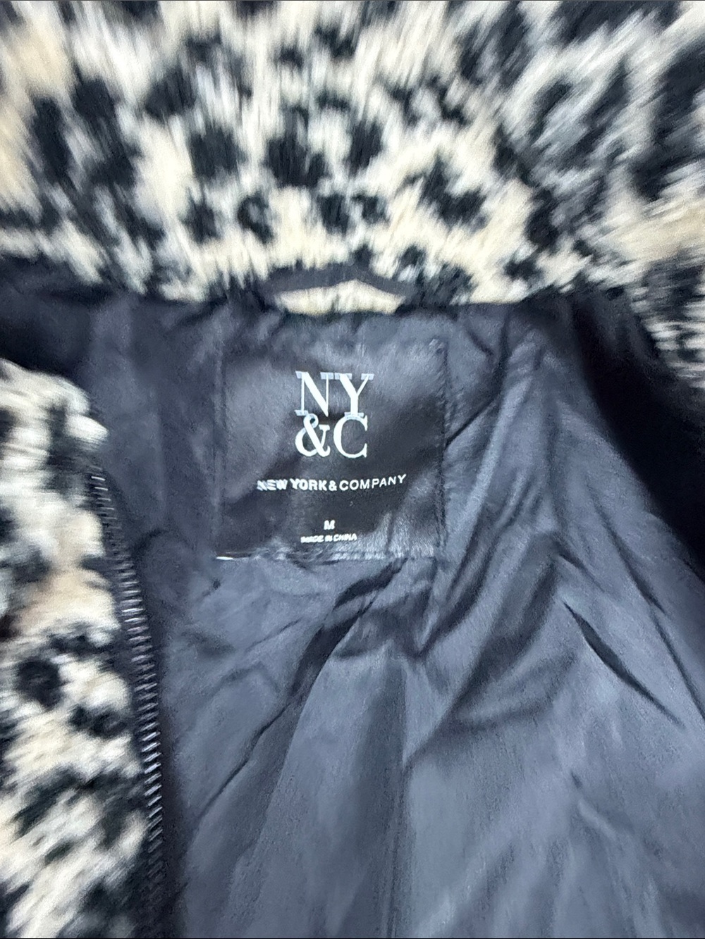 New York & Company Black and Cream Leopard Faux-Fur Bomber Jacket - Picture 8 of 9